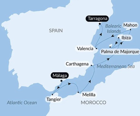 Map for 13th Piano Festival at Sea - Spain & Morocco Luxury Cruise