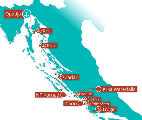 Map for Opatija to Trogir (Split) - Premium cruise