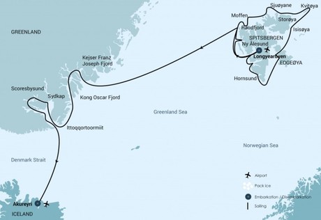 Map for 23 Days Extended Around Spitsbergen & Northeast Greenland - Aurora Borealis