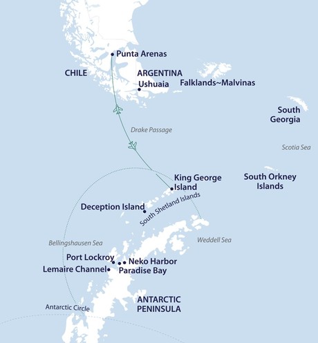 Map for Across the Antarctic Circle: Fly the Drake Expedition