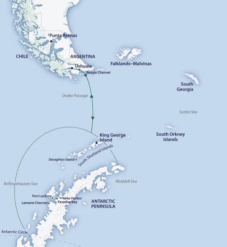 Map for Across the Antarctic Circle Expedition Cruise