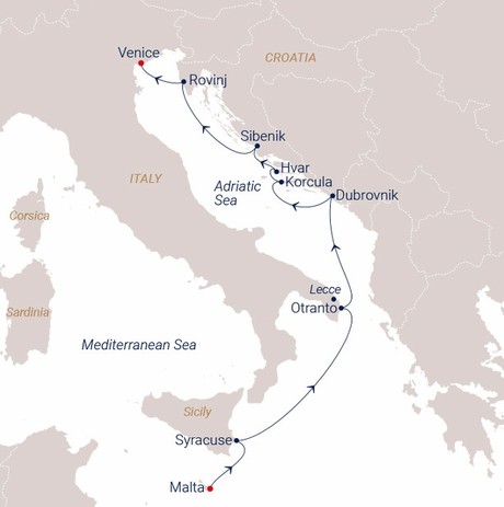 Map for Cruise North from Sicily via Croatia to Italy’s Adriatic Gems