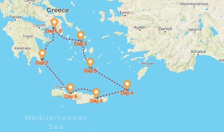 Map for The Aegean Passage. Piraeus to Piraeus Cruise