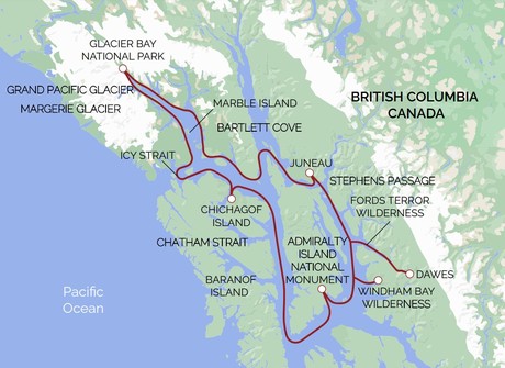 Map for Alaska’s Glacier Wilderness with Glacier Bay - Adventure Cruise