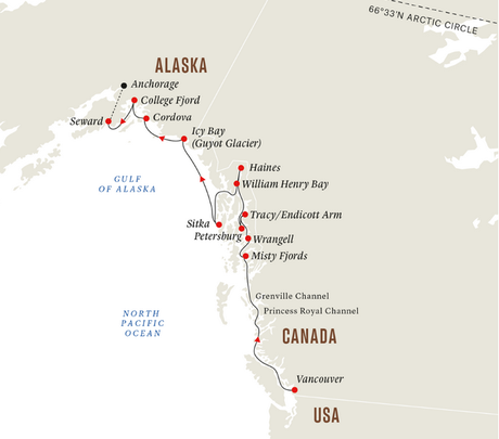 Map for Alaska and British Columbia - Wilderness, Glaciers and Culture Small Ship Cruise