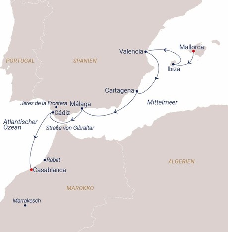 Map for Sail along the Spanish Coast to Roman Towns and Haute Cultural Spots