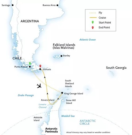 Map for Antarctic Express - Fly South, Cruise North Expedition