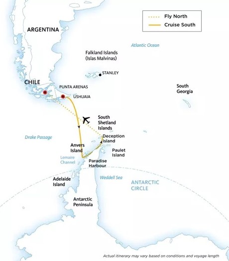 Map for Antarctic Express - Cruise South, Fly North Expedition