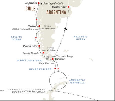 Map for Antarctica & Patagonia Expedition (Southbound) aboard MS Roald Amundsen