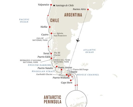 Map for Antarctica, Patagonia and Chilean Fjords Expedition