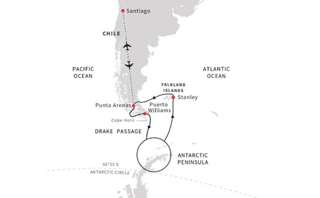 Map for Antarctica, Chilean Fjords & Falklands – Great Explorers and Wildlife (Roald Amundsen)