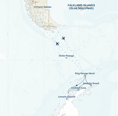Map for Antarctica Direct: Fly the Drake Passage from Puerto Natales