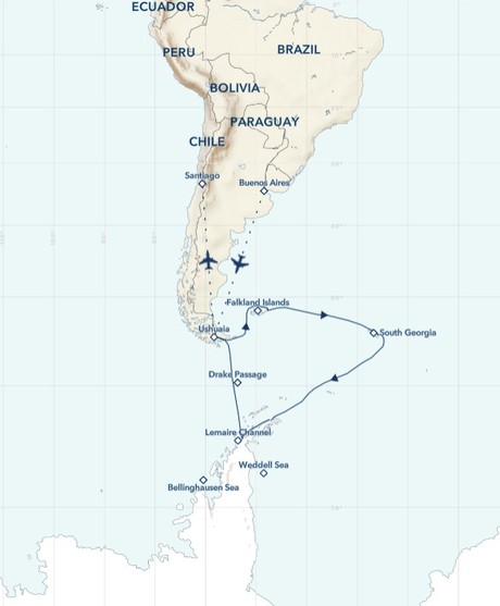 Map for Antarctica, South Georgia, and the Falklands Expedition Cruise
