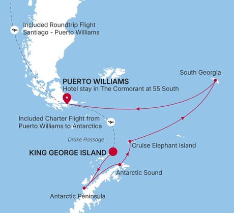 Map for 18 Days Luxury Antarctica & South Georgia Cruise - King George Island to Puerto Williams