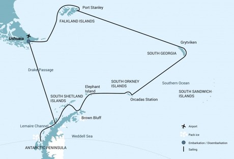 Map for Falkland Islands - South Georgia - Elephant Island - Antarctica - Polar Circle