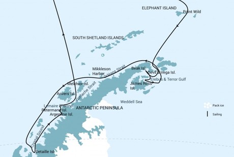 Map for Antarctica - Elephant Island - Weddell Sea - Polar Circle with Plancius