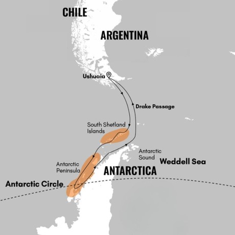 Map for Echoes of the Deep:  A 13-Day Whale & Science Expedition in Antarctica