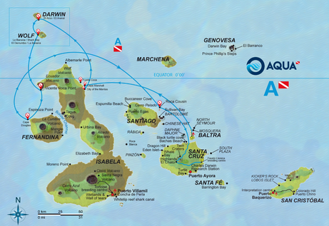 Map for Aqua Galapagos Diving Cruise Itinerary A