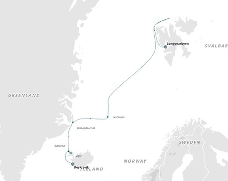 Map for Arctic Cruise in Svalbard, East Greenland & Iceland