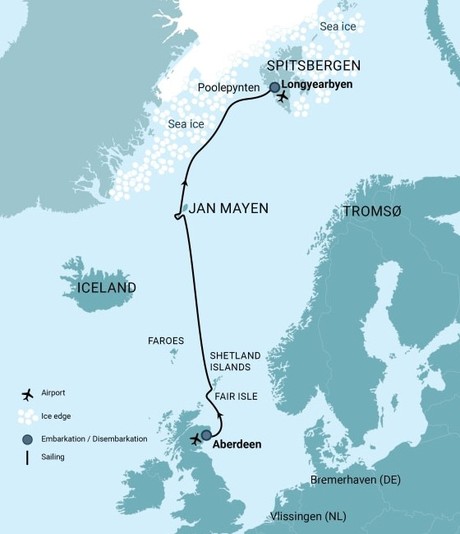 Map for Arctic Ocean Expedition, Aberdeen - Fair Isle - Jan Mayen - Ice edge - Spitsbergen - Birding
