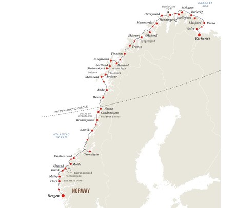 Map for Arctic Wonders | Bergen to Kirkenes | Inc. Snowhotel