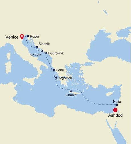 Map for Ashdod (Jerusalem) to Venice