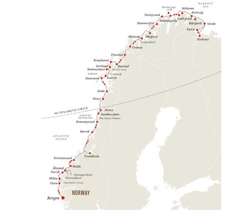 Map for Astronomy Voyage | Bergen – Kirkenes – Bergen