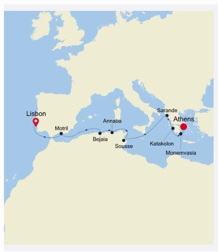 Map for Athens to Lisbon Mediterranean Voyage