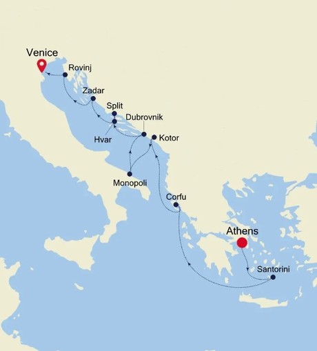 Map for Athens (Piraeus) to Venice