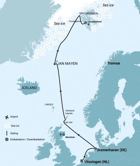 Map for Arctic Ocean Expedition, Bremerhaven - Fair Isle - Jan Mayen - Ice edge - Spitsbergen