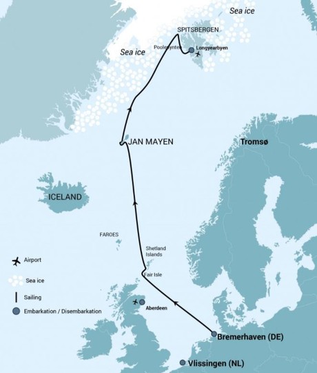 Map for Arctic Ocean Expedition, Helgoland - Fair Isle - Jan Mayen - Ice Edge - Spitsbergen