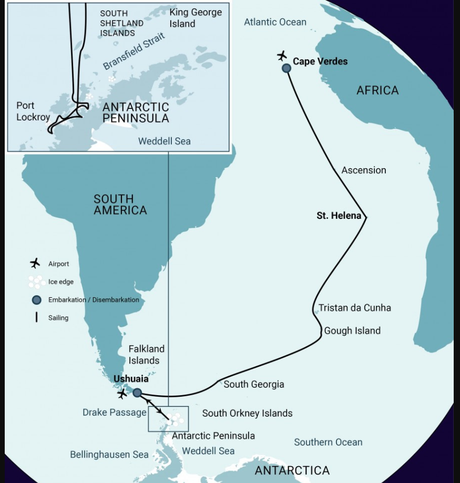 Map for Atlantic Odyssey Including Antarctic Peninsula to Cape Verde