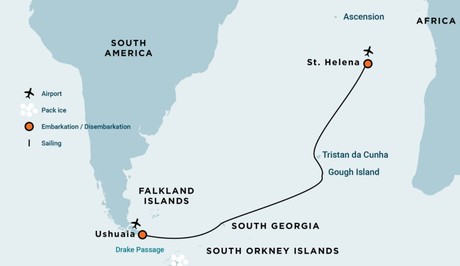 Map for Atlantic Odyssey, excl. Antarctic Peninsula - Visit Some of the Remotest Islands in the World