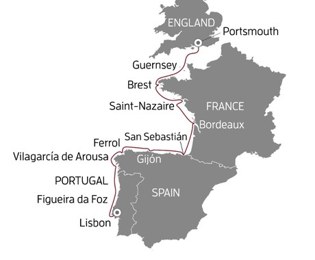 Map for Atlantic Shores Odyssey Cruise: A 12-Day Exploration of Portugal, Spain, France & The United Kingdom