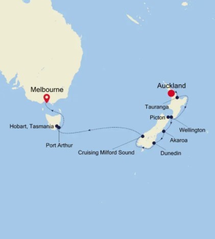 Map for Auckland to Melbourne