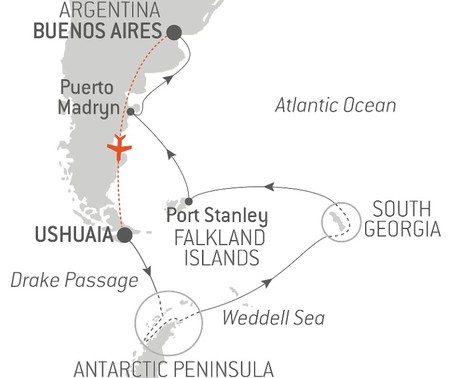Map for Journey to Austral Lands and Valdes Peninsula - Antarctica, South Georgia & Falklands Luxury Cruise