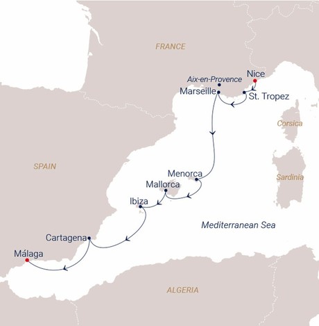 Map for Sailing from the Côte d’Azur through the Balearic Islands to Andalusia