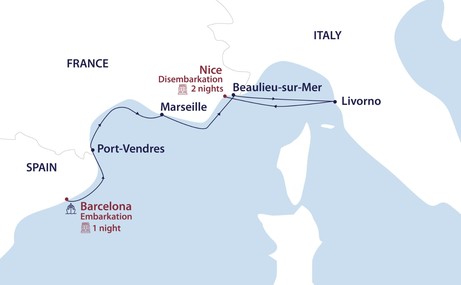 Map for Barcelona to Nice: A Mediterranean Canvas Cruise