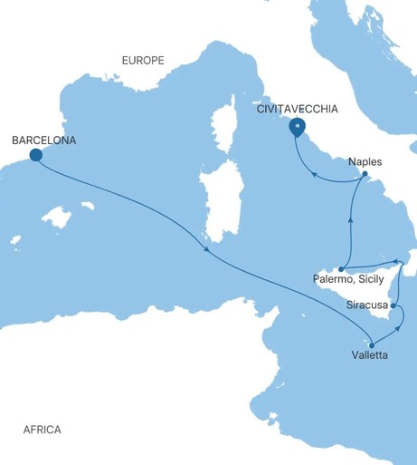 Map for Barcelona to Civitavecchia - Mediterranean Luxury 10 Day Cruise