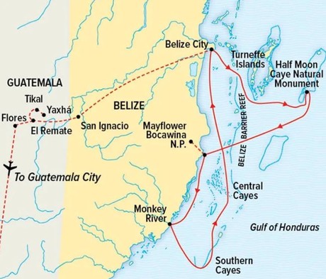 Map for Belize to Tikal: Reefs, Rivers & Ruins of the Maya World