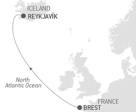 Map for Ocean Voyage through North Atlantic: Brest - Reykjavík