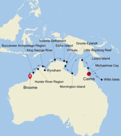 Map for Cairns to Broome Luxury Cruise