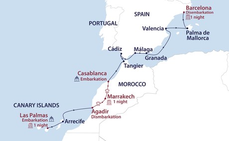 Map for Canary Islands to Spain: The Cross and the Crescent Moon Cruise