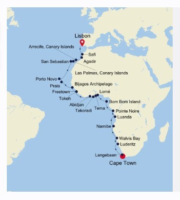 Map for Cape Town to Lisbon - 43 Day Africa Expedition Cruise
