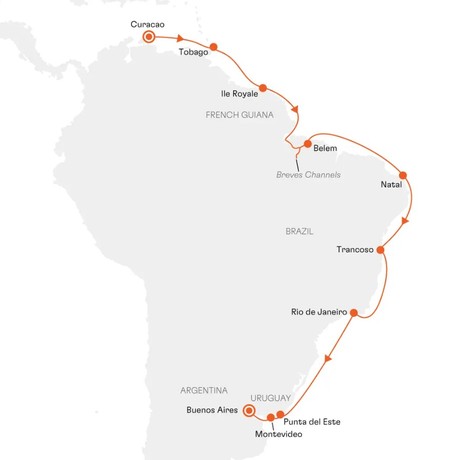 Map for Caribbean and Brazil Small Ship Cruise