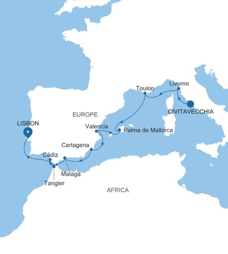 Map for 13 Days Luxury Mediterranean Cruise - Civitavecchia to Lisbon