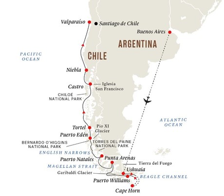 Map for In-depth Patagonia & Chilean Fjords Expedition