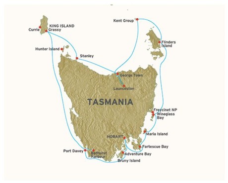 Map for Circumnavigation of Tasmania aboard Coral Discoverer