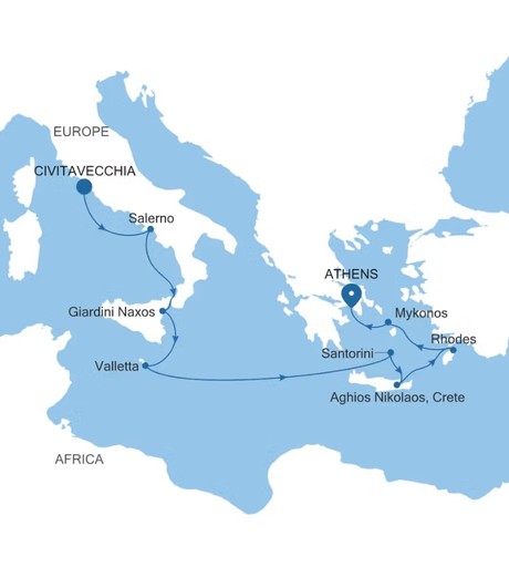 Map for 10 Days Luxury Italy & Greece Cruise - Civitavecchia to Athens