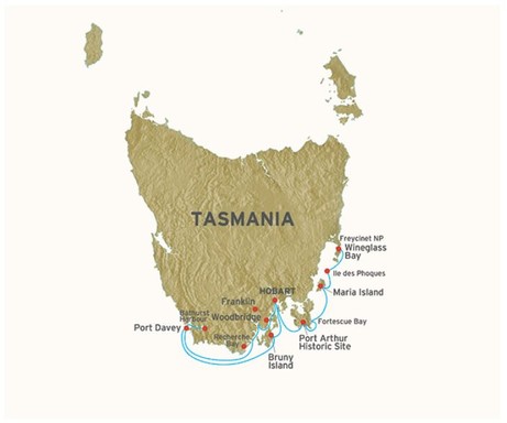 Map for Coastal Treks of Tasmania aboard Coral Discoverer